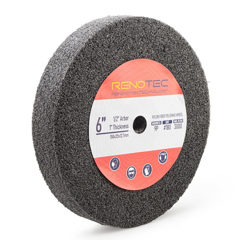 RENOTEC 6 inch 9P Hardness Deburring Wheel, Pack of 3, 180 Grit, Nylon Fiber Buffing Wheels. for Bench Grinder Buffing Machine Polishing Stainless Steel. 1/2 inch Arbor, 1 inch Thickness - Image 2